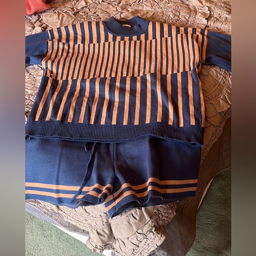 Anthropologie Navy and Tan Striped Knit Lounge Set - Picture 3 of 3